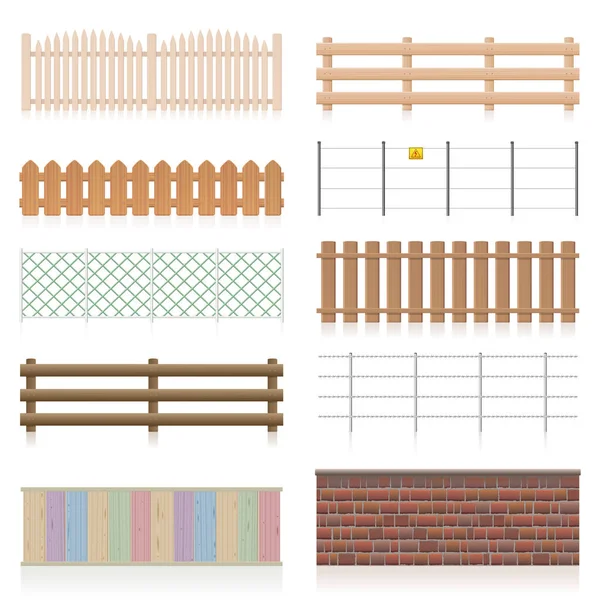 Different fences like wooden, garden, electric, picket, pasture, wire fence, wall, barbwire and other railings. Isolated vector illustration on white background