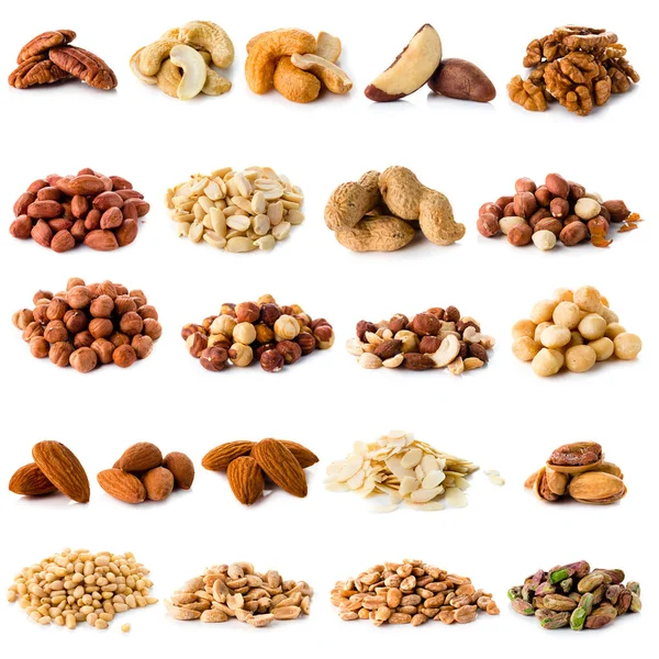 Set of Nuts Walnuts, Brazil Nut, Almond, cashew, Pine Nut peanuts, pistachios, pecans collection Isolated, Set of different delicious organic nuts on white background 