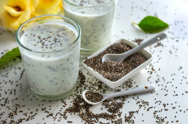 Yogurt with chia seeds in a glass cup on a white background 